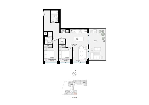 Floor plan for 2 beds, 2 baths, 835 sqft